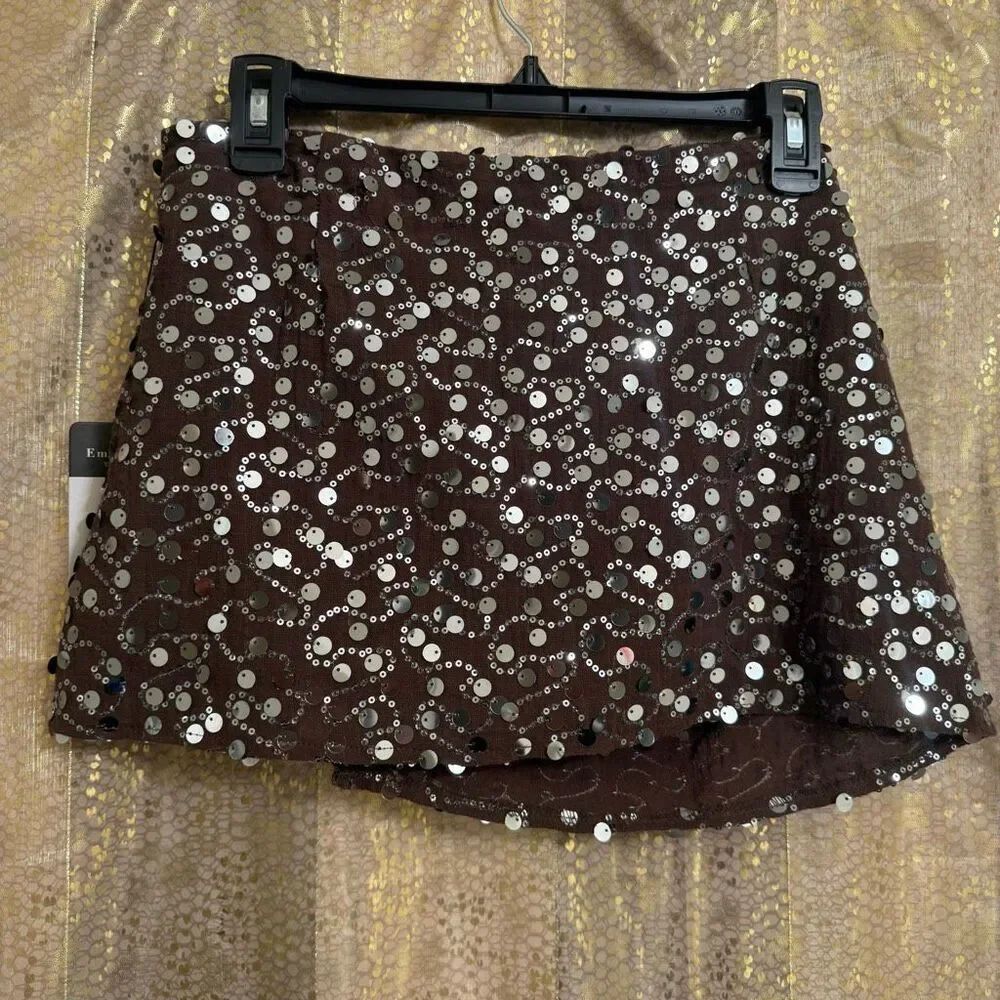 Emerson Lang Brown Silver Sequin Shiny Mini Wrap Front Skort Small NWT - Picture 2 of 8